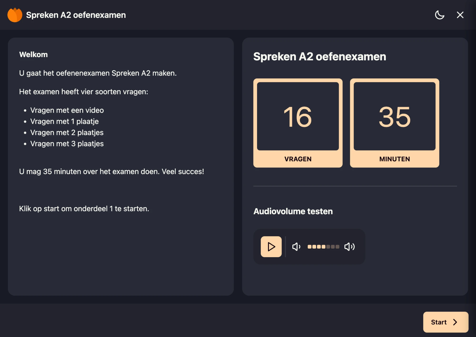 The start screen of a Speaking A2 practice exam, with the number of questions, the time limit and an audio volume test.