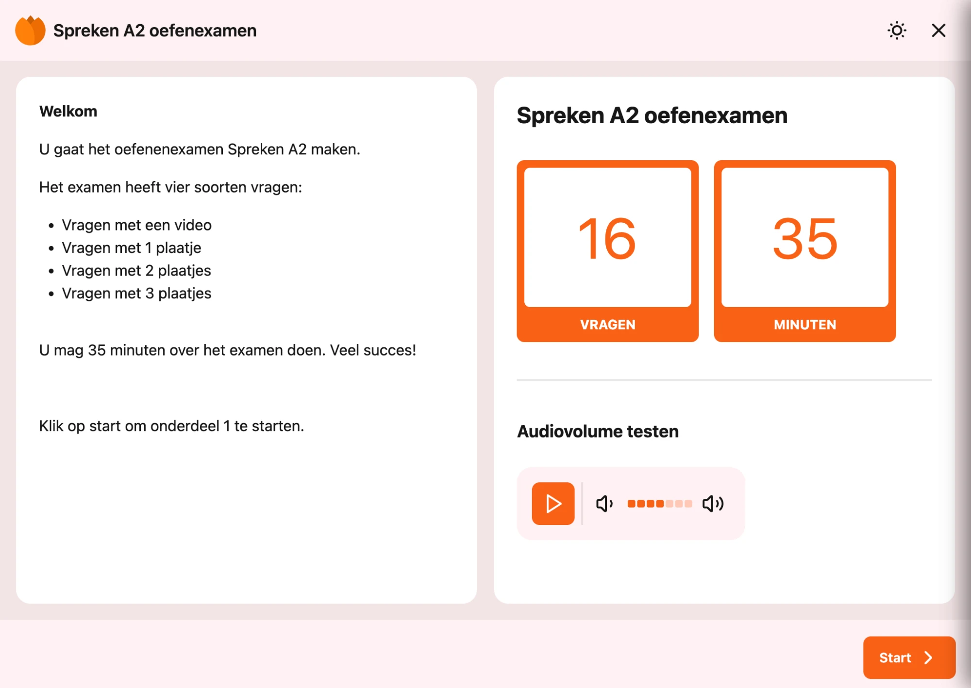The start screen of a Speaking A2 practice exam, with the number of questions, the time limit and an audio volume test.